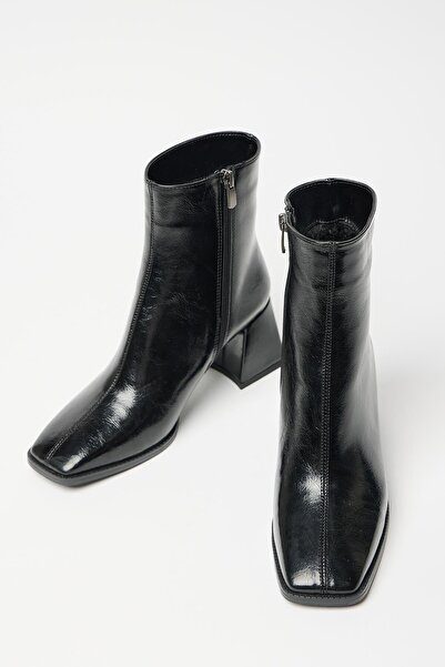 Madamra Γυναικείες μαύρες δερμάτινες μπότες & μποτάκια με τακούνι με αντίθεση από δέρμα PU με φερμουάρ κομψό