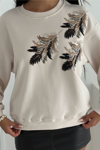 FEMELLE Hanorac din bumbac 100% cu model de pene brodate cu piatră și mărgele bej
