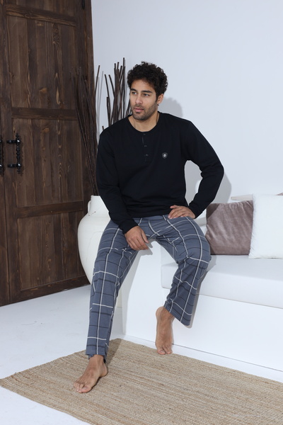 BOYRAZ Men's pajamas - black blouse with buttons and badge, gray checked pants, 100% cotton