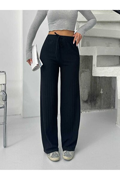 albaroda Pantaloni de tricotat negri cu picioare largi pentru femei