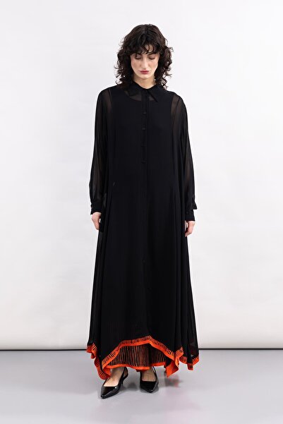 MİİN SİYAH UZUN KOLLU EL BOYAMASI ŞİFON UZUN GÖMLEK