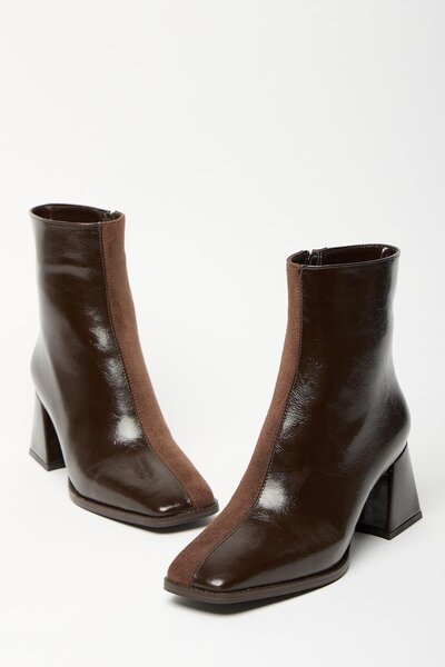 Madamra Brown Patent Leather - Suede Women's Boots & Booties Blunt Toe Heeled Contrast Pu Leather Zippered Stylish