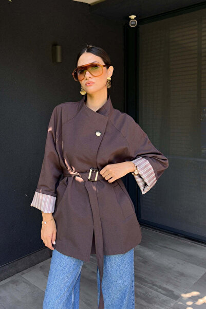 FABB Kahverengi Tek Düğmeli Kısa Trençkot