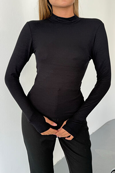 BE CHİC بلوزة نسائية سوداء بياقة نصف دائرية وأزرار على الأصابع مصنوعة من القط...