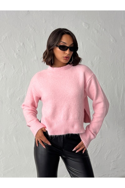BEJNA Women's Pink Side Slit Basic Soft Knit Sweater