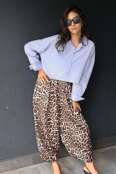 FABB Leopar Saten Şalvar Pantolon