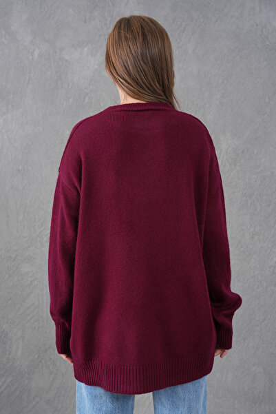 bayansepeti Claret Red Knitwear Crew Neck Oversize Design Sweater 4090