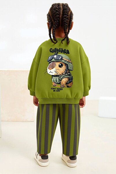 Uğur bebe Capybara Patterned 3 Thread Non-Fleece Tracksuit Set Green Striped Bottom, Casual Comfortable Combination