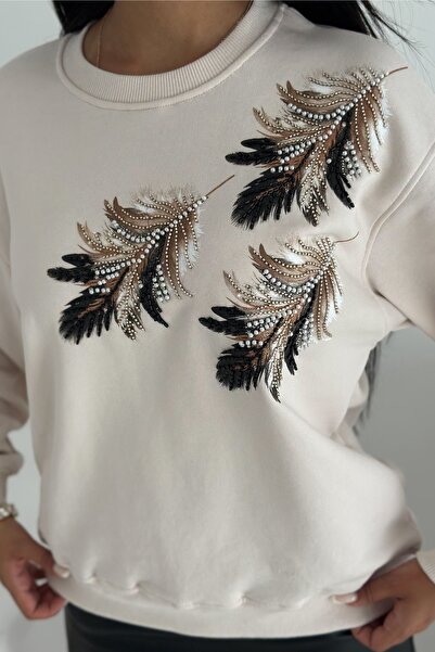 FEMELLE Hanorac din bumbac 100% cu model de pene brodate cu piatră și mărgele bej