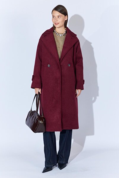 TENA معطف طويل نسائي باللون العنابي بأزرار مزدوجة وأكمام طويلة وحجم كبير