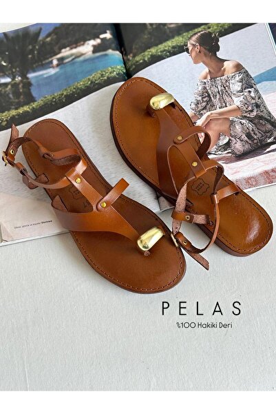 Zuum Pelas 100% Genuine Leather Ringed Flip-Flop Women's Sandals - Tan Leather