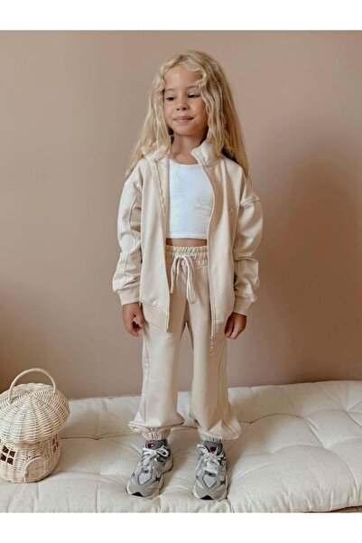 Patriko Girls' Zippered Embroidered Long Sleeve Jacket with Tracksuit Bottoms Set