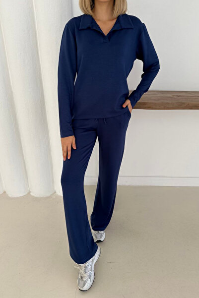 MİROR Women's Navy Blue Modal Fabric Long Sleeve Polo Neck Tracksuit Set
