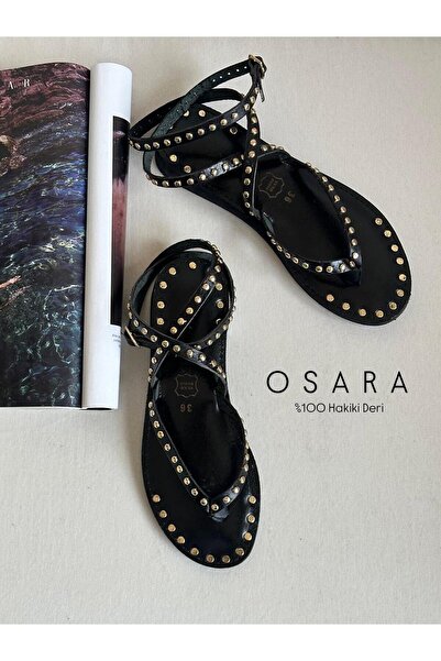 Zuum Osara Troklu %100 Hakiki Deri Parmak Arası Kadın Sandalet - Siyah Deri