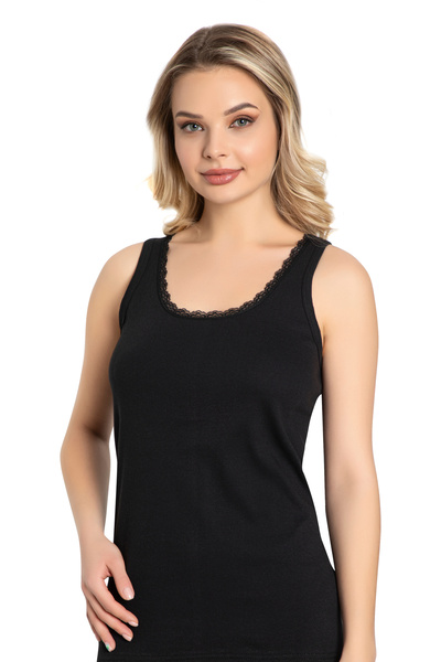 BELLİZZİ Women's 100% Cotton Ribbed Tank Top with Lace Trim at Neckline