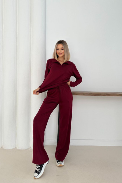 MİROR Women's Burgundy Modal Fabric Long Sleeve Polo Neck Tracksuit Set