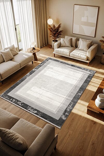 Cotto Home Cotto Motto TT003G Gri Halı Klasik Çerçeveli Desen Pamuk Taban Yık...