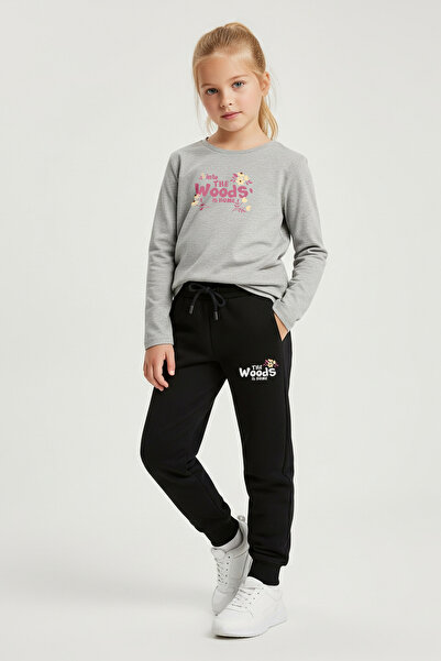 FYK COLLECTİON Zero Yaka the Woods Printed Girls' Basic Top-Bottom Set