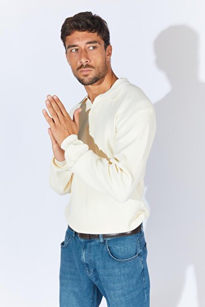 TENA Men's Ecru Footed V-Neck Ribbed Basic Knitwear