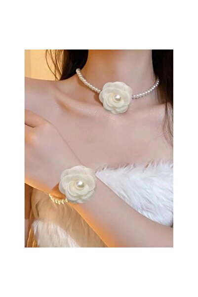 Pursehuit Σετ κολιέ και βραχιόλι choker, με λουλούδι σε λευκό χρώμα βουτύρου ...