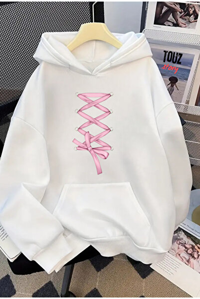 Toum Hanorac cu glugă oversize unisex cu imprimeu cu detaliu de panglică