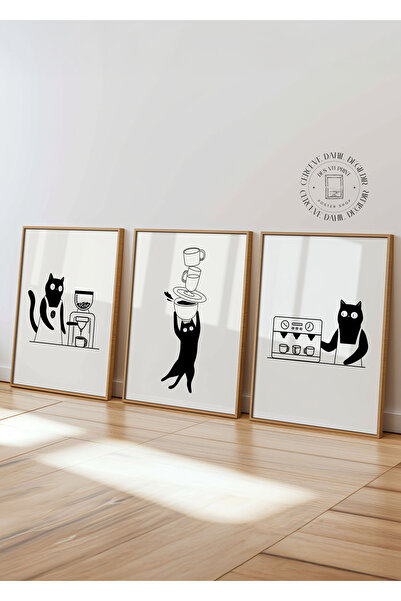 DES VU PRINT 3'lü Kahve Kedi Temalı Poster Seti, Çerçevesiz Kahve Köşesi Post...