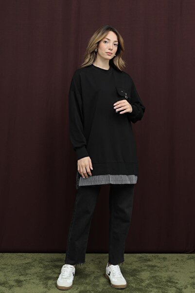 Puane Women's Black Colored Two Thread Combed Cotton Fabric Pocket Bronch Detailed Tunic 10720