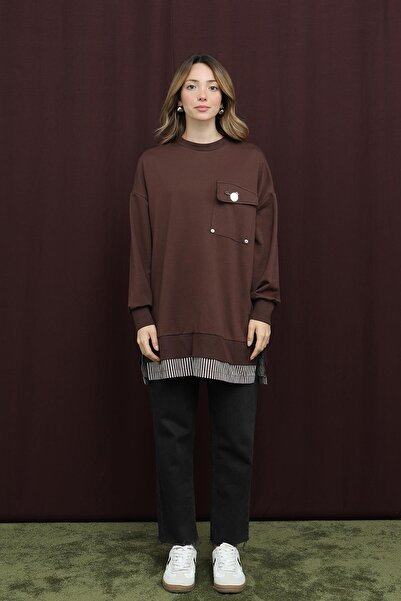 Puane Women's Brown Two-Thread Combed Cotton Fabric Pocket Tunic with Bronchial Detail 10720