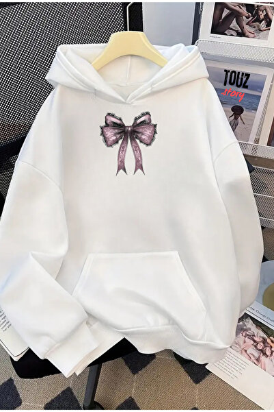 Toum Hanorac cu glugă oversize unisex cu imprimeu cu detaliu de panglică