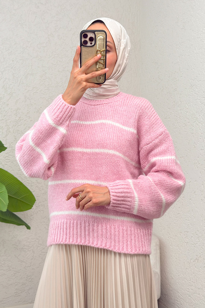 zhrcelebi سترة تريكو مخططة 00185 - وردي