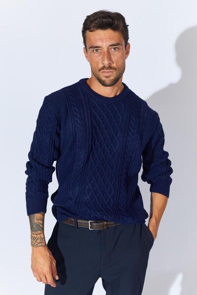 TENA Men's Navy Blue Crew Neck Hair Knitwear