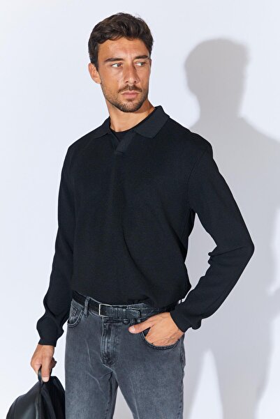 TENA Men's Black Footed V-Neck Ribbed Basic Knitwear
