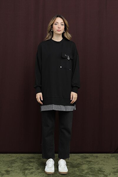 Puane Women's Black Colored Two Thread Combed Cotton Fabric Pocket Bronch Detailed Tunic 10720