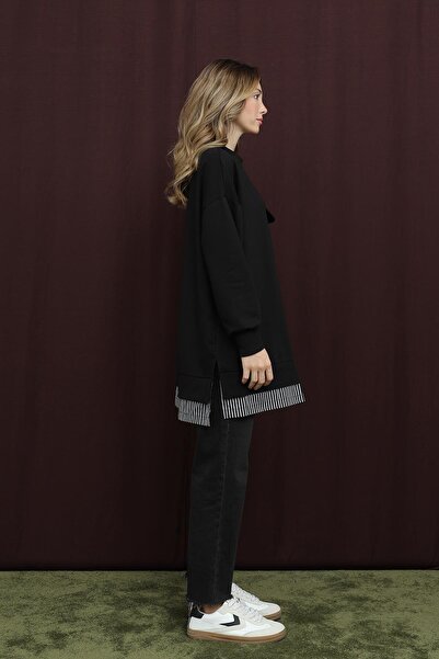 Puane Women's Black Colored Two Thread Combed Cotton Fabric Pocket Bronch Detailed Tunic 10720