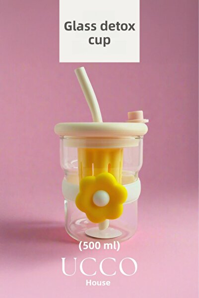 UCCO 500ml Daisy Patterned Glass Detox Thermos Flask with Straw - Water Soft Drink Lemonade Glass/607B
