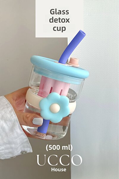 UCCO 500ml Daisy Patterned Glass Detox Thermos Flask with Straw - Water, Soft Drink, Lemonade Cup 607C