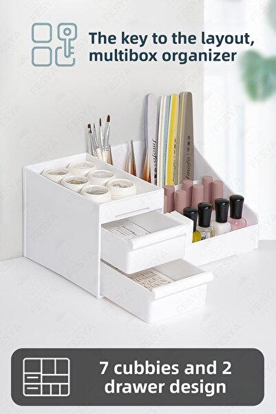 Fesya Home منظم أدراج متعدد الأغراض مكون من 7 أقسام لمستحضرات التجميل والعطور والمجوهرات - أبيض