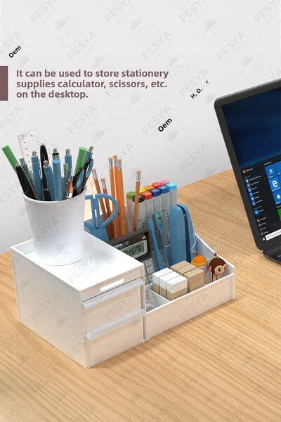 Fesya Home Elegance Desktop Organizer with Drawer Pen Holder Office Organizer - White