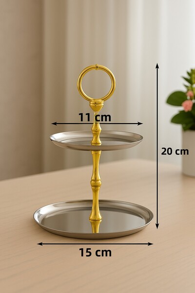 Aslı Hediyelik 2-Tier Round Silver Stainless Steel Presentation Stand, Cookie Holder, Macaron Holder, Promise Holder, Table Accessory, Dowry Holder