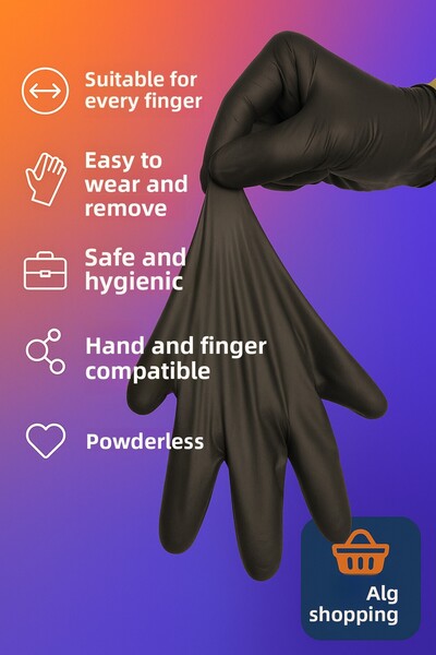 Febros 100 قطعة من قفازات النتريل السوداء مقاس L XL خالية من البودرة صحية ومت...