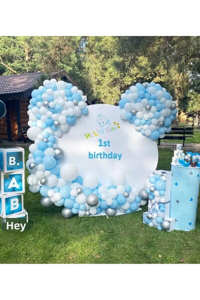 Çemrek Süs Parti مجموعة سلسلة بالونات فضية كروم زرقاء وبيضاء مكونة من 100 قطعة