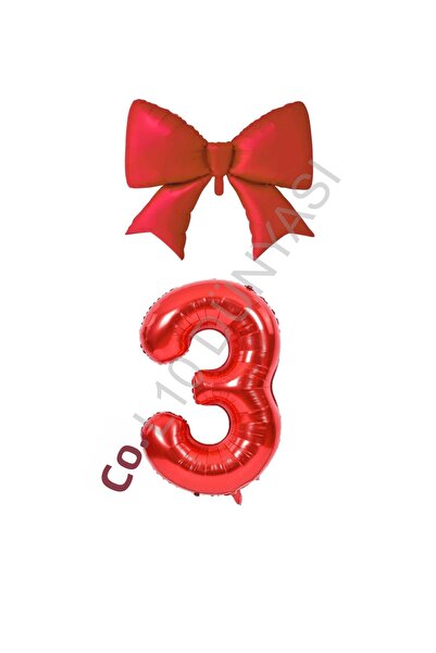 BAL10 DÜNYASI Red Color Bow Number Foil Balloon Set Age 3