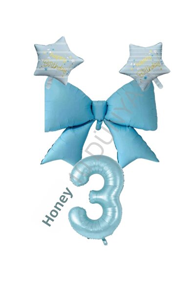 BAL10 DÜNYASI Blue Color Star Bow Number Foil Balloon Set 3 Years Old
