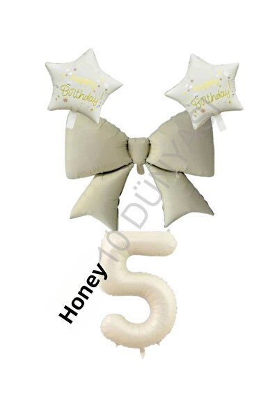 BAL10 DÜNYASI Cream Color Star Bow Number Foil Balloon Set Age 4
