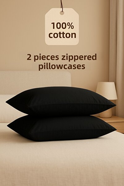ÇIQRIK HOME 2 Pieces 100% Cotton Zippered Pillowcase Black Color