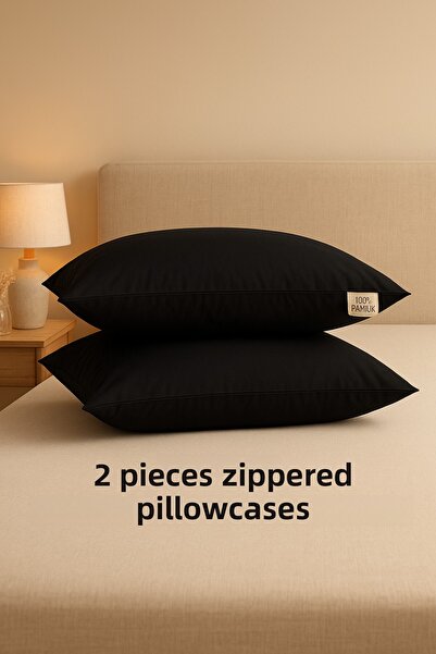 ÇIQRIK HOME 2 Pieces 100% Cotton Zippered Pillowcase Black Color