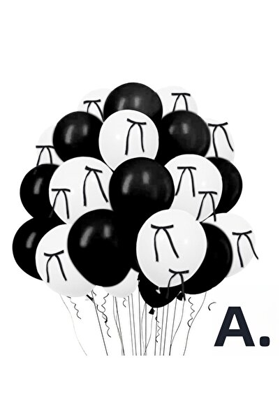 Çemrek Süs Parti حزمة بالونات سوداء وبيضاء مع فيونكة سوداء، 20 قطعة