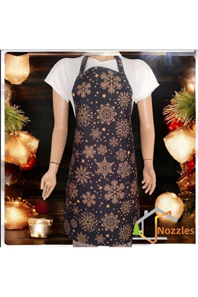 DÜŞLER EV TEKSTİLİ مريلة مطبخ بنمط ندفة الثلج السوداء للعام الجديد، قابلة للتعديل، تتميز بخصائص مقاومة الماء والبقع