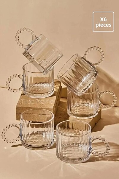 Tilbe Home طقم أكواب زجاجية مكون من 6 قطع بمقبض على شكل خرز طقم أكواب ريترو للإسبريسو والشاي والقهوة والمشروبات الغازية 100 مل