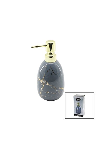 Go İthalat Vertical Chubby Gray Marble Pattern Ceramic Liquid Soap Dispenser with Gold Lid (5273)